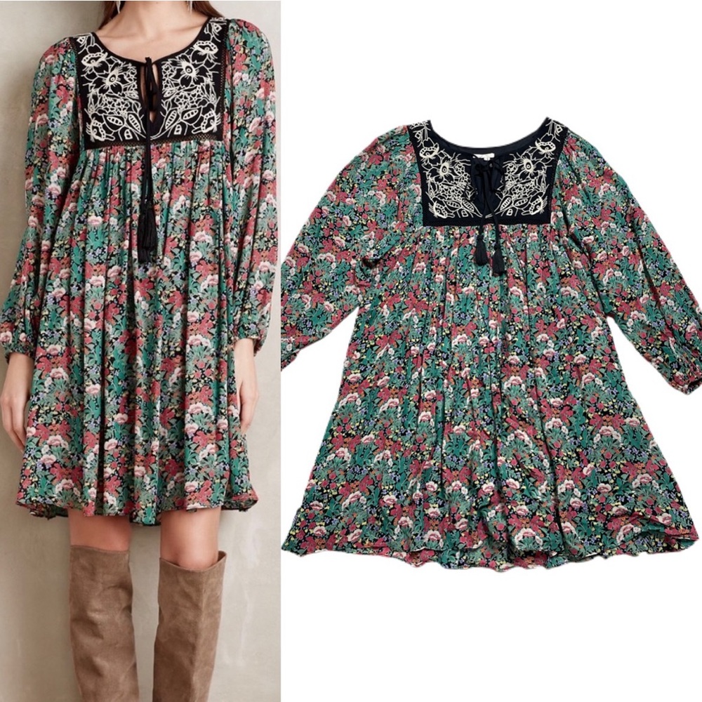 Anthropologie Ottava Black Green Fall Floral Dress M